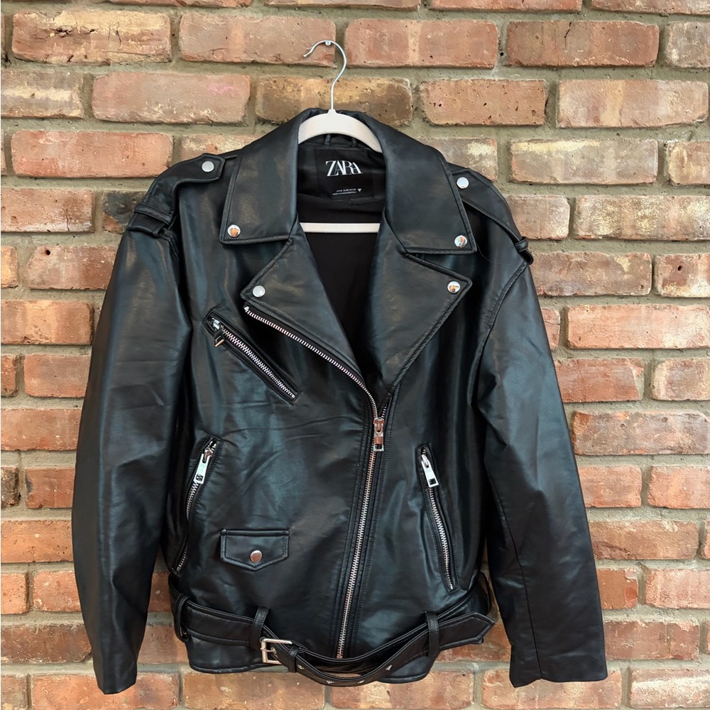 Zara Black Faux Leather Biker Jacket - Medium